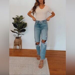 Distressed Pull On Denim